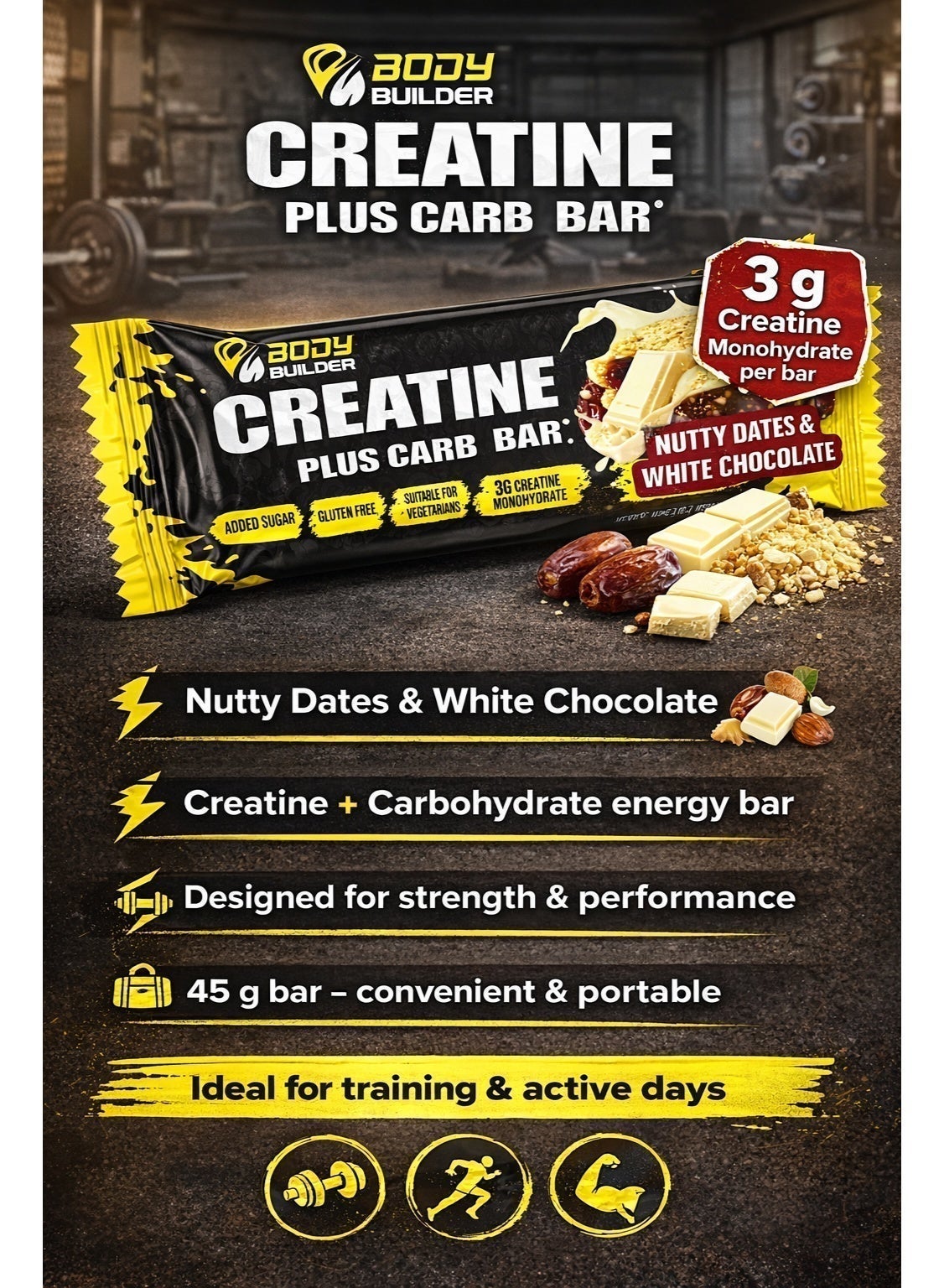 Creatine Bar, 12 Bars – 3G Creatine Monohydrate, No Added Sugar, Gluten Free, Sports Nutrition Snacks